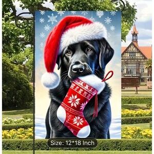 Black Labrador Dog Christmas Garden Flag Santa Hat Stocking 12x18" Double Sided
